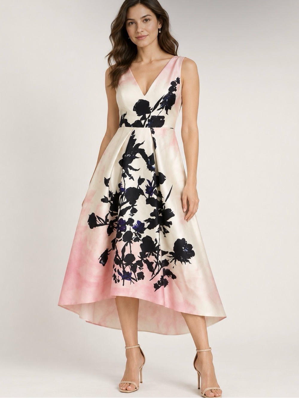 NWT Monique Lhuillier Collection Silk Floral Midi Dress Pink Cream 18X